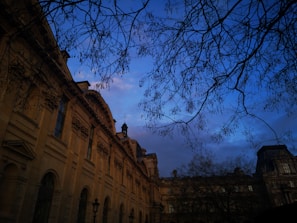 Elegant architectural detail of a courthouse facade in midnight blue tones.