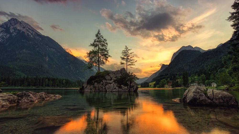 green trees near lake under cloudy sky during daytime