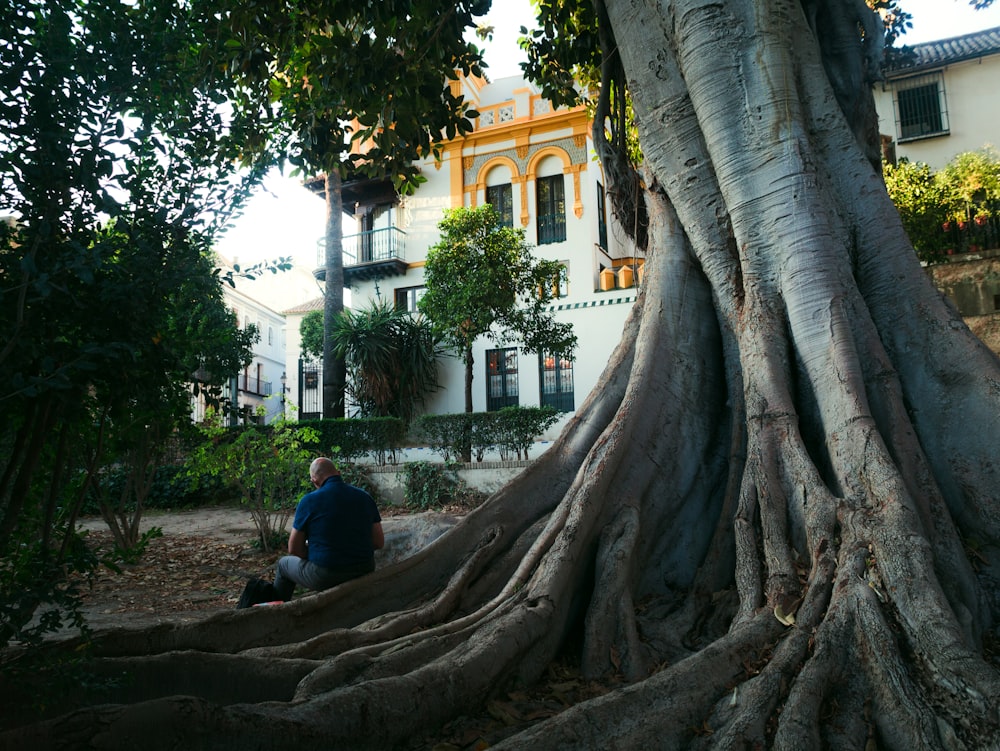 man in blue shirt sitting on brown concrete bench