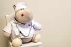 brown bear plush toy with white and blue school uniform