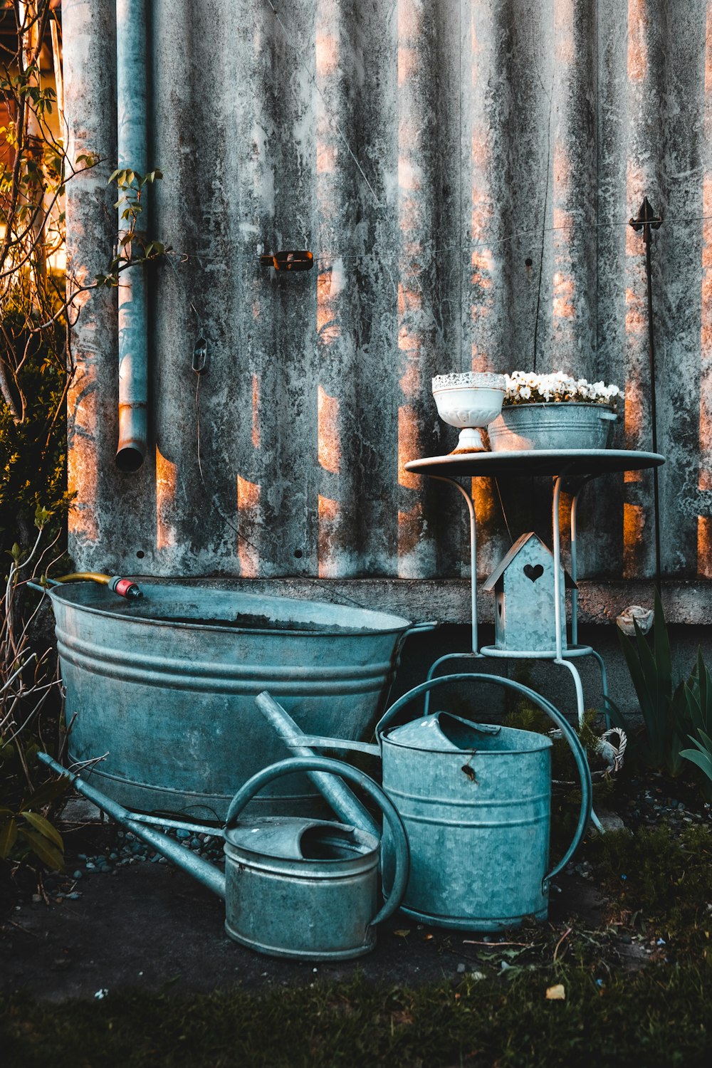 blue plastic bucket with water