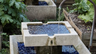 white and blue concrete fountain