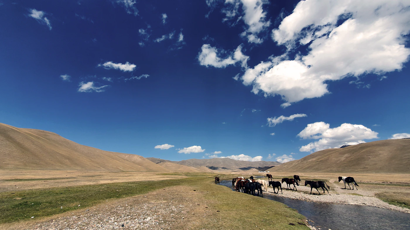 Horse riders crossing an open mountain landscape on the trail to Song-Kul