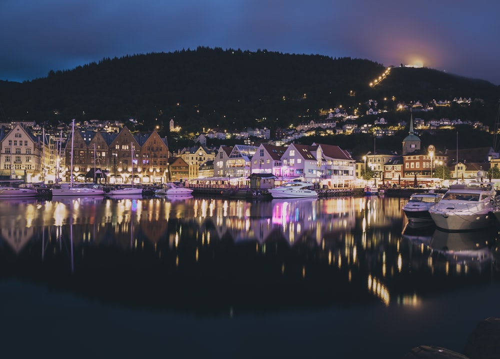 white and brown houses near body of water during night time