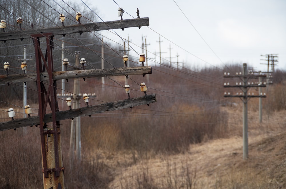 brown electric post under white sky during daytime