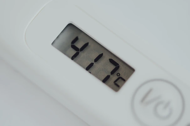 Close-up of a digital kitchen thermometer measuring meat temperature.