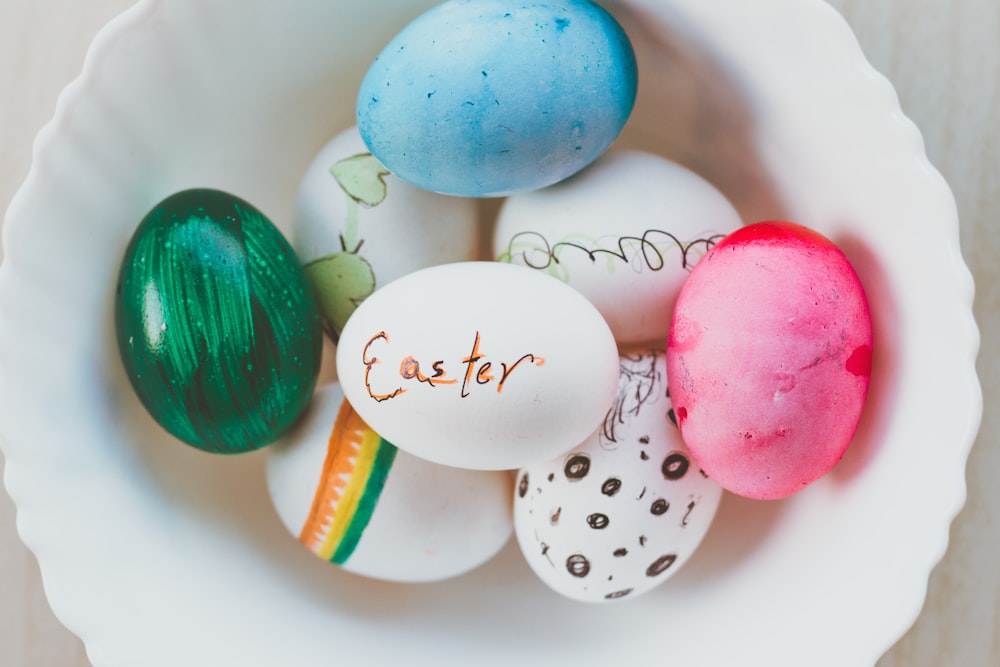 white and blue egg decors