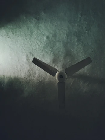 A ceiling fan with remote control installed above a dining table, casting soft shadows.