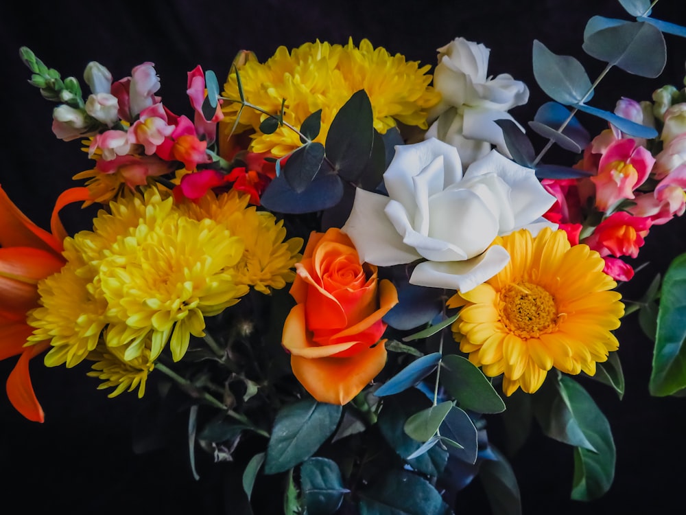 red rose and white and yellow flowers