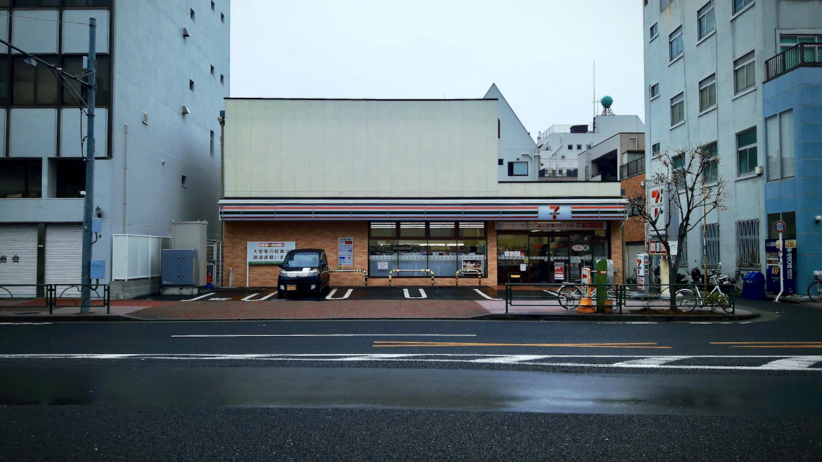 Japanese convenience store interior with shelves of onigiri, pastries, and drinks in morning light