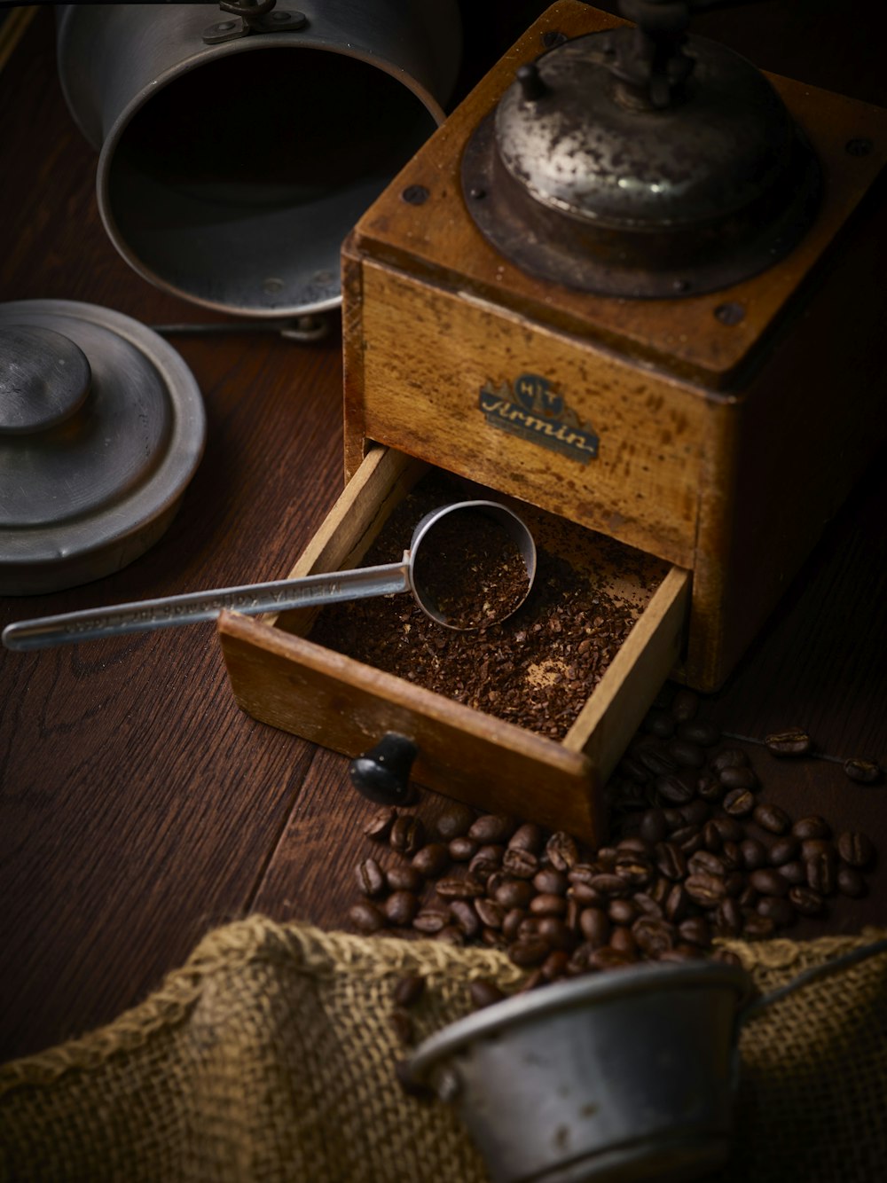 coffee beans on brown wooden box