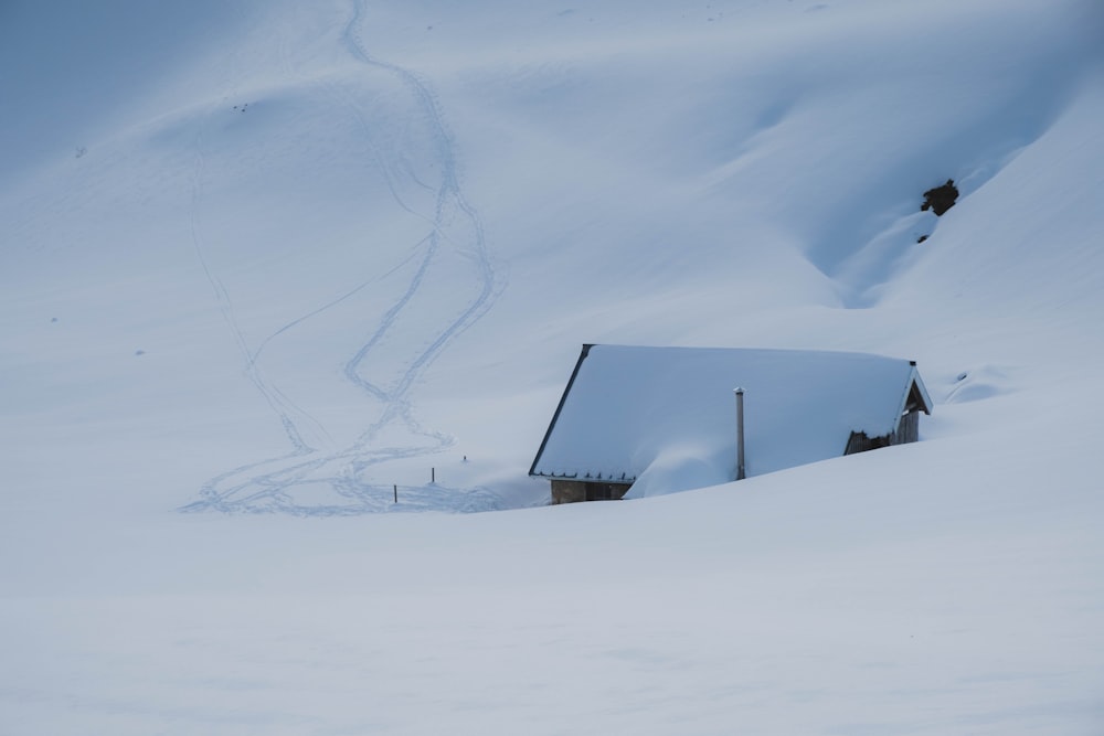 白い雲の下の雪に覆われた地面の上の黒い家