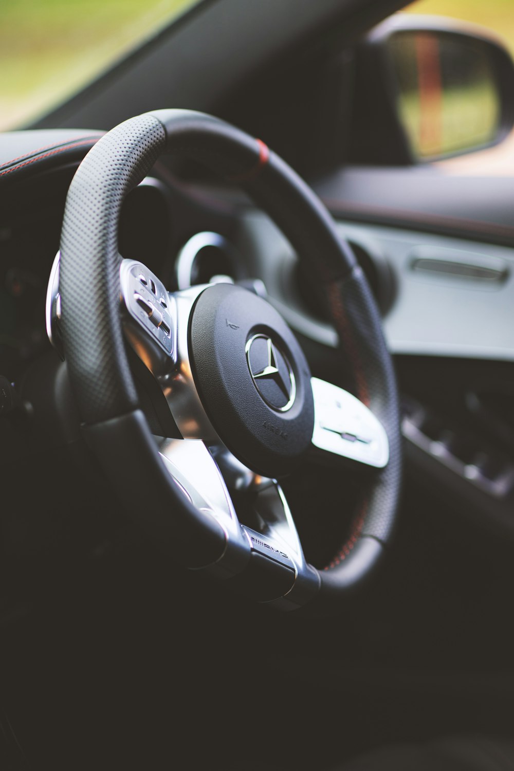 black and gray steering wheel