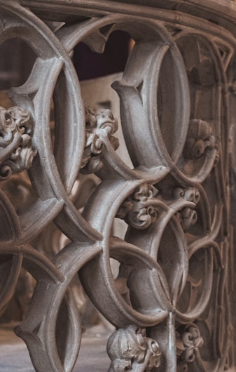 Intricate and ornate stone carvings with an interlocking circular pattern and floral motifs. The design showcases detailed craftsmanship and artistic elements typical of historical architecture.