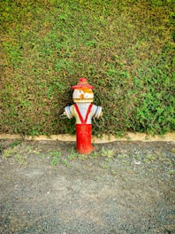 A creatively painted fire hydrant resembling a firefighter stands against a lush green hedge. The hydrant is painted with facial features and wears white and red clothing. The ground is covered with gravel and patches of grass.