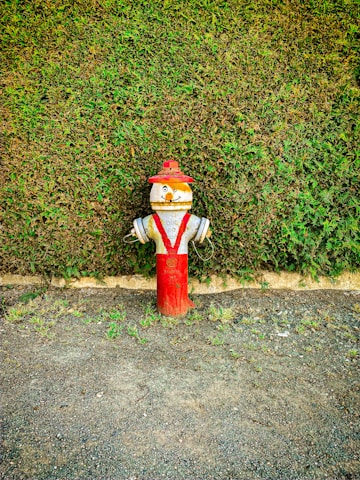 A creatively painted fire hydrant resembling a firefighter stands against a lush green hedge. The hydrant is painted with facial features and wears white and red clothing. The ground is covered with gravel and patches of grass.