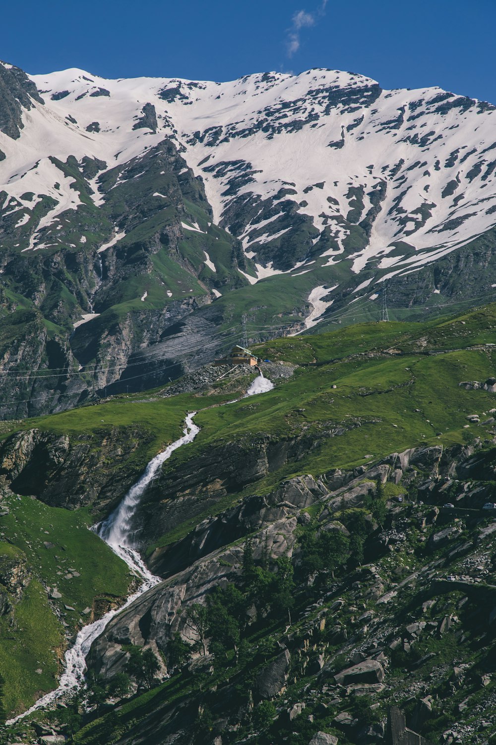 green and gray mountains with water falls