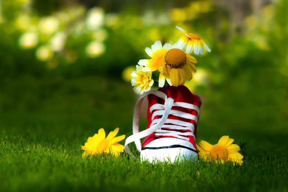 a red and white sneaker with yellow flowers in it