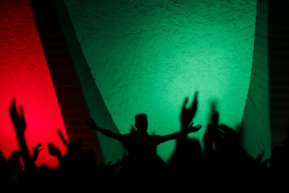 silhouette of people raising hands