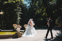 bride and groom walking on the street