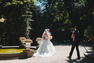 bride and groom walking on the street
