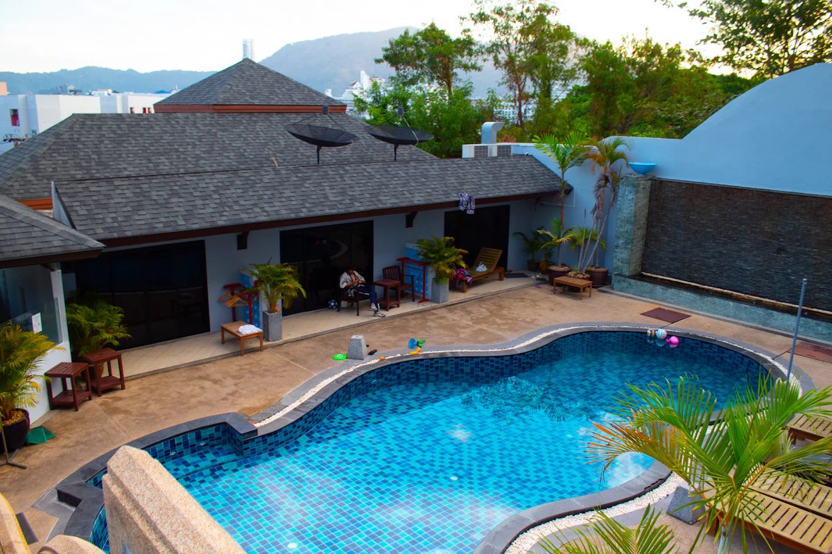 Poolside cafe and outdoor dining at a Daman resort