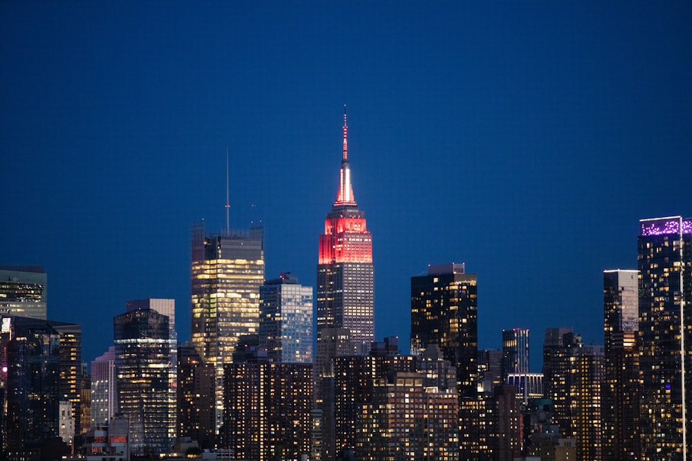 city skyline during night time