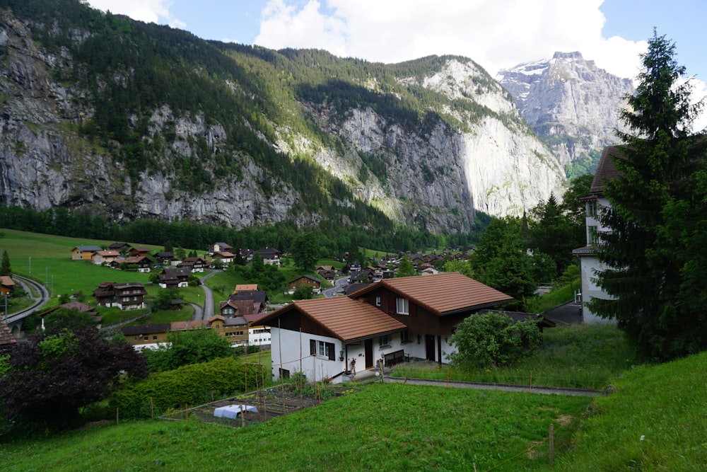 houses near green mountain during daytime