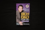 A book cover is displayed against a dark background. The cover features a photograph of a smiling man in a suit alongside the title 'Rich Dad Poor Dad' in large yellow and white lettering. There is also a circular label indicating a 20th-anniversary edition.