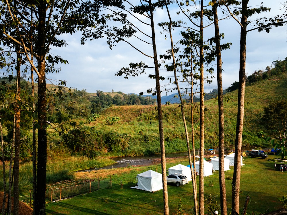 white tent on green grass field near green trees under white clouds and blue sky during