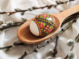 A wooden spoon holds a beautifully decorated Easter egg with intricate, colorful patterns featuring red, green, and black designs. The spoon and egg are placed on a soft white fabric surrounded by pussy willow branches, which have fuzzy, grey catkins.