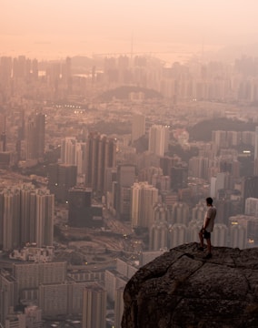 A lone figure standing on a cliff overlooking a vast, glowing city at dusk.
