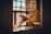 A Quran is placed on an intricately carved wooden stand positioned near a window. The sunlight illuminates the book, creating a warm and serene atmosphere. The background features a wooden panel with geometric patterns and a window with decorative latticework.
