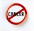 A circular badge with a red border and slash through the word 'CANCER' printed in bold black letters on a white background, symbolizing opposition or prohibition.