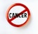 A circular badge with a red border and slash through the word 'CANCER' printed in bold black letters on a white background, symbolizing opposition or prohibition.