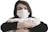 A person wearing a medical face mask is holding several rolls of toilet paper. The individual has dark hair and gazes directly at the camera. The background is plain and light-colored, highlighting the focus on the person and the items they are holding.