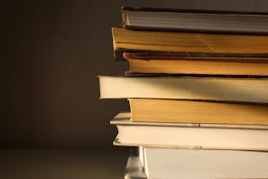 Stack of printed graphic books with textured covers, resting on a wooden table bathed in warm light.