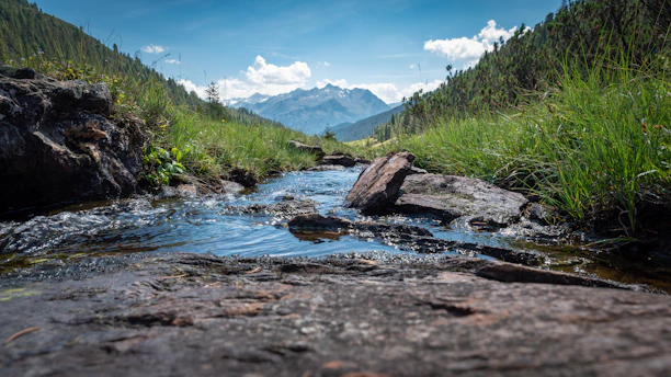 A serene mountain stream flowing through lush green Uttarakhand hills under a clear blue sky.