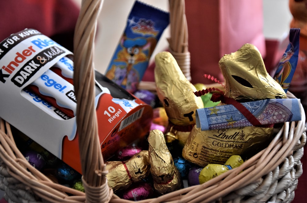 brown wicker basket with assorted plastic packs