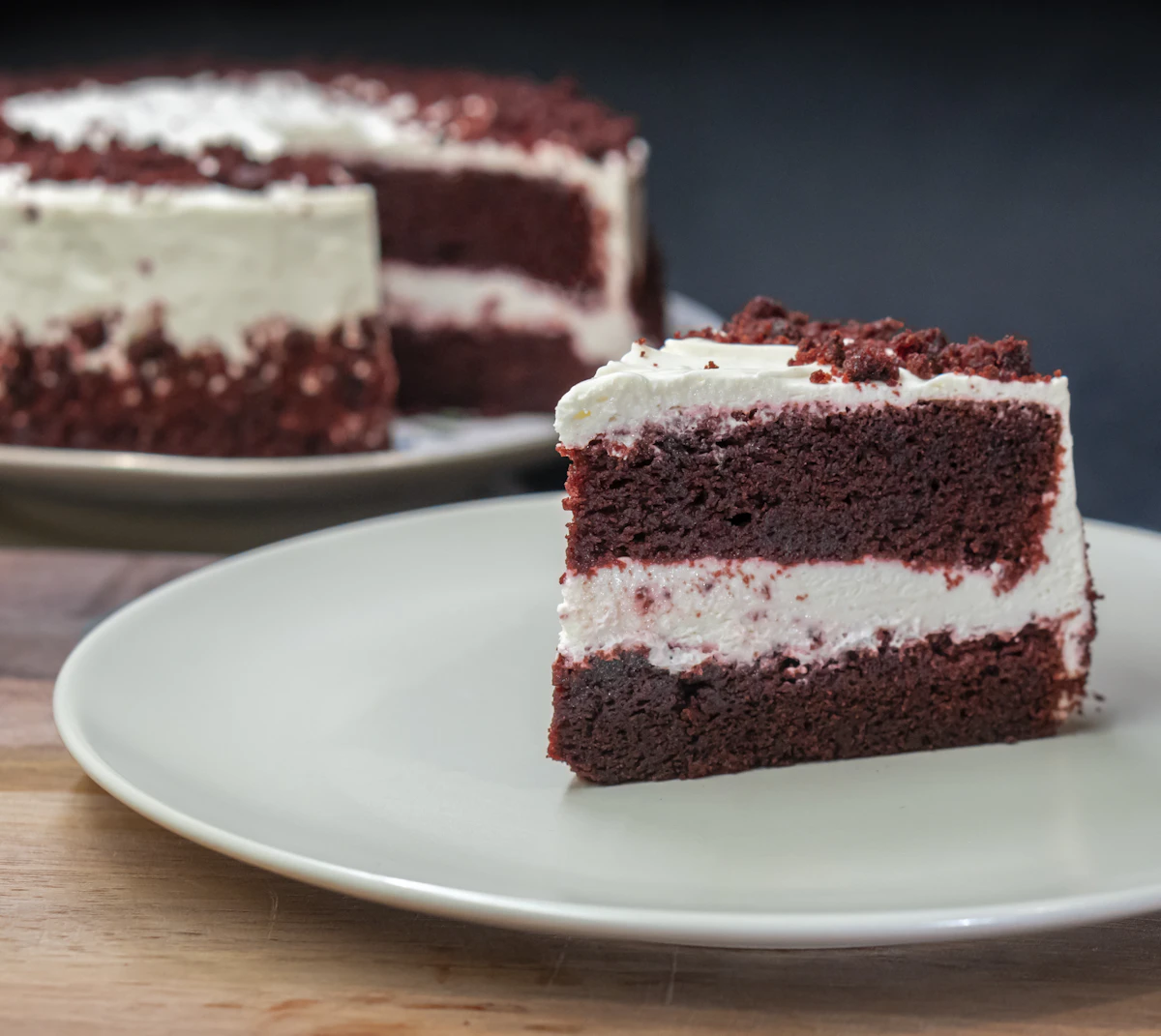 Homemade Southern Red Velvet Cake served on a table