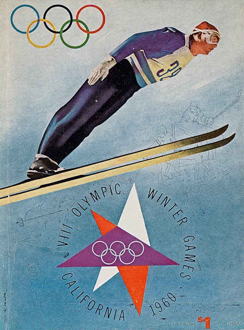 A dynamic illustration of a ski jumper in mid-air, wearing a number 30 jersey, depicted against a blue backdrop. The Olympic rings are displayed prominently above, and the text ‘VIII Olympic Winter Games California 1960’ surrounds a star design at the bottom. Sketches of various winter sports are lightly integrated into the background.