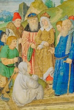 A group of medieval figures dressed in colorful garments. The scene includes several people, some of whom are wearing crowns, indicating royalty. The figures display a variety of expressions and gestures, suggesting an important conversation or event. The background features a rural landscape with hills and trees.