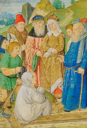 A group of medieval figures dressed in colorful garments. The scene includes several people, some of whom are wearing crowns, indicating royalty. The figures display a variety of expressions and gestures, suggesting an important conversation or event. The background features a rural landscape with hills and trees.