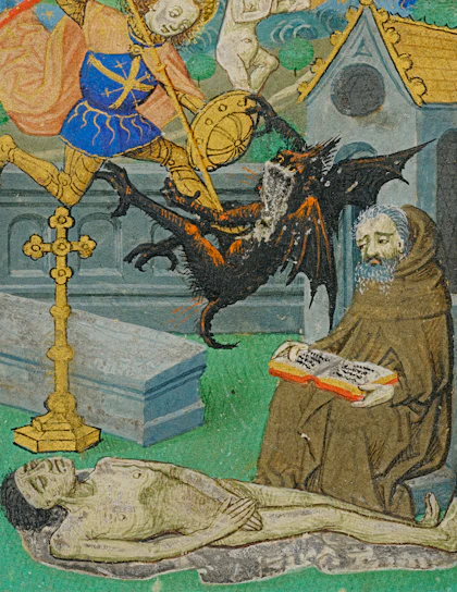 A detailed medieval-style painting features an angelic figure clad in blue armor striking down a dark, demonic creature with a lance and shield. A robed figure, possibly a monk, observes the scene while holding an open book. In the foreground, a nude human figure lies prone on the ground. The setting appears to be outdoors, near a building with a pointed roof.