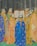 A group of clergymen wearing ornate robes stand in a semicircle around an illuminated manuscript. The robes are richly decorated with gold embroidery and vivid blue and orange hues. They appear to be singing or chanting, with expressions of reverence and focus. The background consists of a dark, Gothic architectural setting.