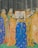 A group of clergymen wearing ornate robes stand in a semicircle around an illuminated manuscript. The robes are richly decorated with gold embroidery and vivid blue and orange hues. They appear to be singing or chanting, with expressions of reverence and focus. The background consists of a dark, Gothic architectural setting.