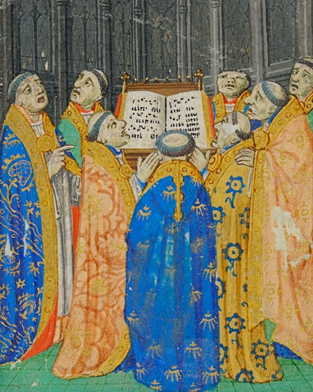 A medieval religious council gathering with cloaked figures in ancient stone halls.