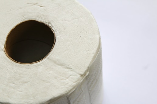 A close-up view of a single roll of toilet paper, showing its textured surface and central cardboard tube. The background is plain and light, emphasizing the simplicity of the object.