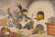 A satirical illustration features a figure in a military uniform, perhaps resembling Napoleon, using a long wooden paddle to place figurines into an oven labeled 'New French Oven for Imperial Gingerbread.' The scene is chaotic, with various items such as gold coins and crowns scattered on the floor. Another figure appears to be kneading dough in the background. The illustration contains inscriptions and labels that add political commentary, reflecting the geopolitical events of the time.