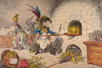 A satirical illustration features a figure in a military uniform, perhaps resembling Napoleon, using a long wooden paddle to place figurines into an oven labeled 'New French Oven for Imperial Gingerbread.' The scene is chaotic, with various items such as gold coins and crowns scattered on the floor. Another figure appears to be kneading dough in the background. The illustration contains inscriptions and labels that add political commentary, reflecting the geopolitical events of the time.